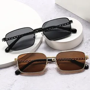 Retro Square Sunglasses Metal Frame UV400 Protection Vintage Fashion Rectangle Shades With Chain Temple Design For Men Women