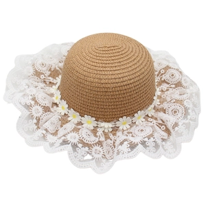 Kids Girls Straw Sun Hat With Wide Lace Brim And Daisy Floral Decoration Breathable Summer Beach Vacation Headwear Accessory