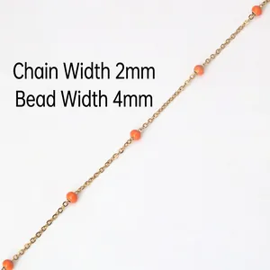 Golden 2mm stainless steel chain with 4mm orange beads for DIY jewelry making