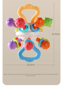 Detailed size specifications for baby teething ball toy showing 13.5cm height and 10.5cm width