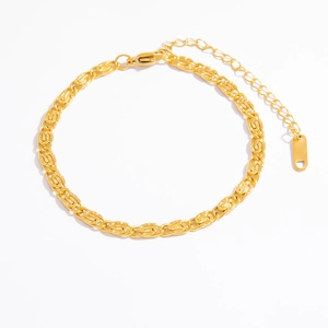 Detail of 18k gold plated stainless steel bracelet featuring textured oval chain links