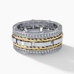 Two-tone five-layer wide ring with cable texture, silver chain links and sparkling stones