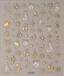 Detailed sheet of embossed gold and white Christmas nail art stickers with snowflake designs