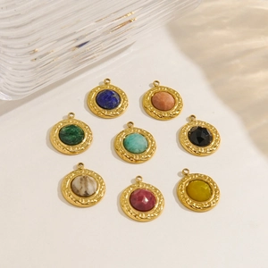 French vintage 14K gold 15mm stainless steel pendants with colorful natural stone inlay