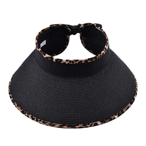 Detail of black paper straw weave on visor with leopard print trim and bow decoration