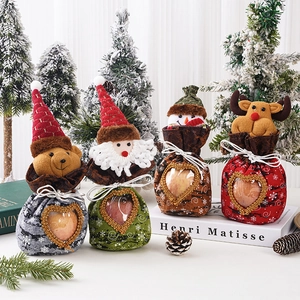 Christmas gift bags with transparent heart window and cartoon Santa Reindeer Snowman characters