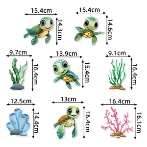 Detailed dimensions of sea turtle party stickers including turtles, coral, and seaweed