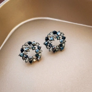Retro geometric circular stud earrings featuring dark crystal rhinestones for women