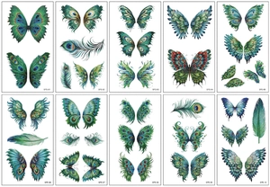 Detaillierte Rasteransicht von Pfauenfedern Schmetterlingsflügel temporären Tattoos.