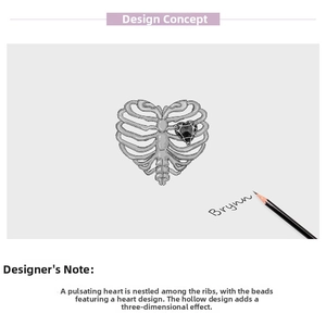 Macro view of 925 silver gothic heart charm featuring a ribcage design with black gemstone