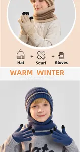 Winter knit set for kids with warm fleece lining hat, neck warmer and gloves