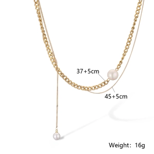 Double-layered gold titanium necklace with pearl pendants and sizing details 37-45cm