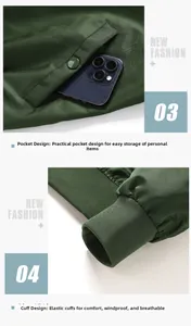 Detail of snap-button side pocket and elastic ribbed cuff on men's gray flight jacket