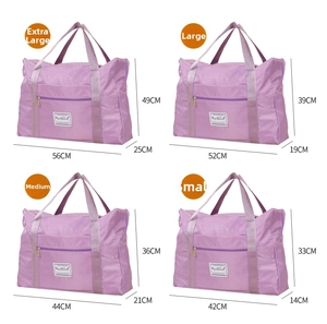 Size comparison chart for purple foldable Oxford cloth travel storage bags in four sizes