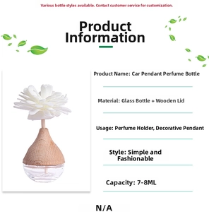 Detail showing 7-8ml glass car perfume bottle with wooden cap and white petal diffuser