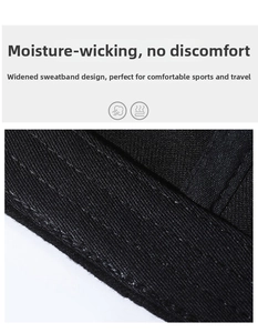 Close-up of the widened sweatband on a black baseball cap showing breathable fabric texture