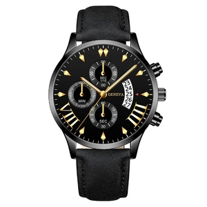 Classic Geneva men's chronograph watch with black leather strap and calendar display