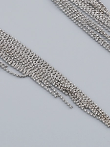 Detail shot of shimmering silver layered bead chain tassels with premium metallic finish