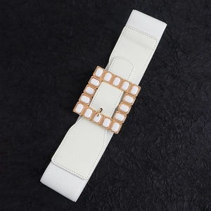 White elastic waist belt featuring a gold square buckle with rhinestone inlays for women