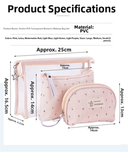 Detailed size chart for 3-piece PVC toiletry set with anchor print in various sizes