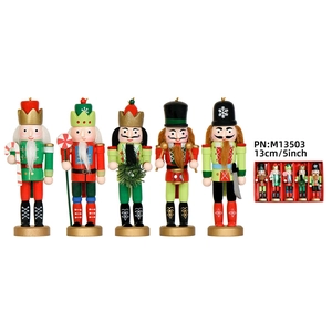 Set of five 13cm wooden Christmas nutcracker figurines with various festive ornaments