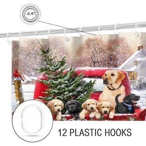 Detail of Christmas shower curtain featuring 12 plastic hooks and 0.4 inch metal grommets