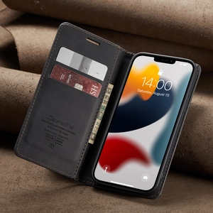Detailed interior of black leather flip case showing multiple card slots and wallet compartment