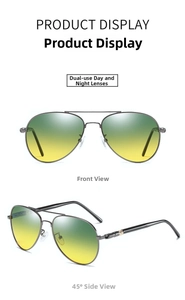 Front and side view of gunmetal aviator sunglasses with gradient day-night lenses