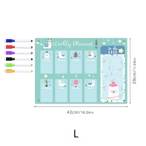 Weekly planner acrylic board with markers showing dimensions 42cm x 29cm and alpaca design
