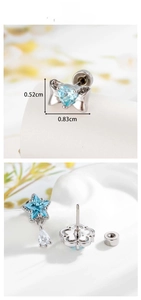 Macro detail of light blue zircon star and bow cartilage piercings with dimensions
