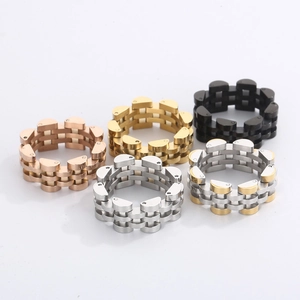 Watch band style rings in gold, silver, black, and rose gold stainless steel for men