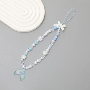 Blue and white beaded phone strap with bow, star, heart beads and iridescent mermaid tail