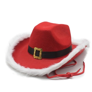 Christmas Cowboy Hat Red Felt With White Faux Fur Trim Gold Buckle Adjustable Chin Strap Party Festive Western Style