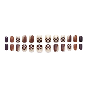 Brown checkerboard and marble pattern short square press-on nails set on white background