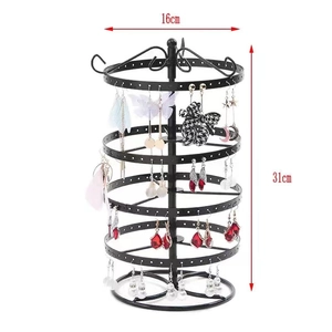 Rotating 4-tier black metal earring display stand measuring 16cm by 31cm for jewelry storage
