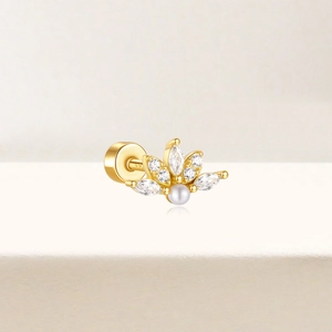 Detail of S925 silver ear stud with marquise cubic zirconia flower and white pearl center