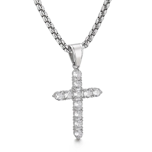 Hip hop silver cross necklace with clear zircon stones on a circular link chain