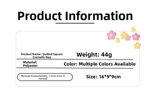 Quilted cosmetic bag specifications showing size 16x9x9cm, weight 44g and polyester material
