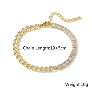 Detail of 18K gold-plated curb chain bracelet with rectangular zircon inlay and 5cm extension