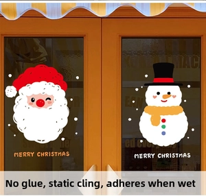 Close-up of static Christmas window stickers featuring Santa, snowman, and Merry Christmas text