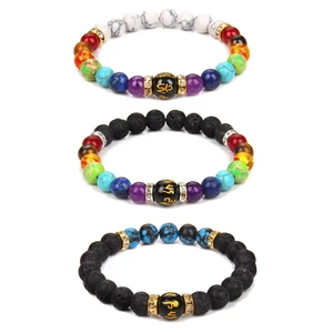 Dreiteiliges Yoga-Energie-Armband-Set mit Lavastein und bunten Perlen für Damen