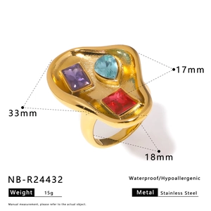 Detail of gold titanium steel ring featuring colorful zircon stones and hammered texture