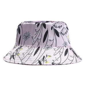Outdoor satin flat top bucket hat with purple floral print and sun protection brim