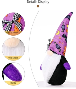 Detailed display of Halloween purple gnome showing patterned hat, beard and hands