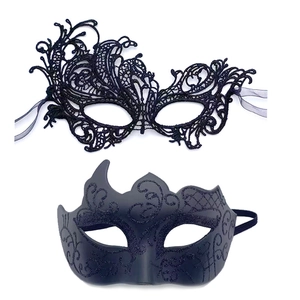 Black lace phoenix mask and blue glitter venetian masquerade eye mask set for parties