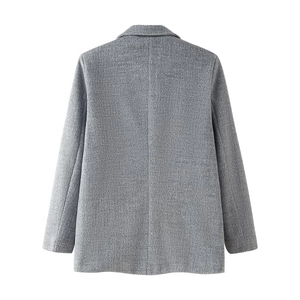 Back view of textured grey wool blend blazer showing premium tailoring and clean cut