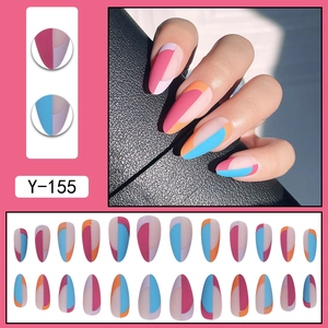 French geometric contrast press-on nails set in pink blue and purple colors