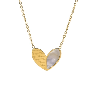 Titanium steel necklace with asymmetric heart pendant featuring shell and Love engraving