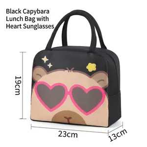 Insulated black lunch bag featuring cartoon Capybara with pink heart sunglasses