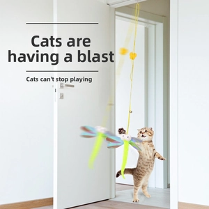 Hanging door cat toy featuring a plush dragonfly doll and adjustable rope for interactive play